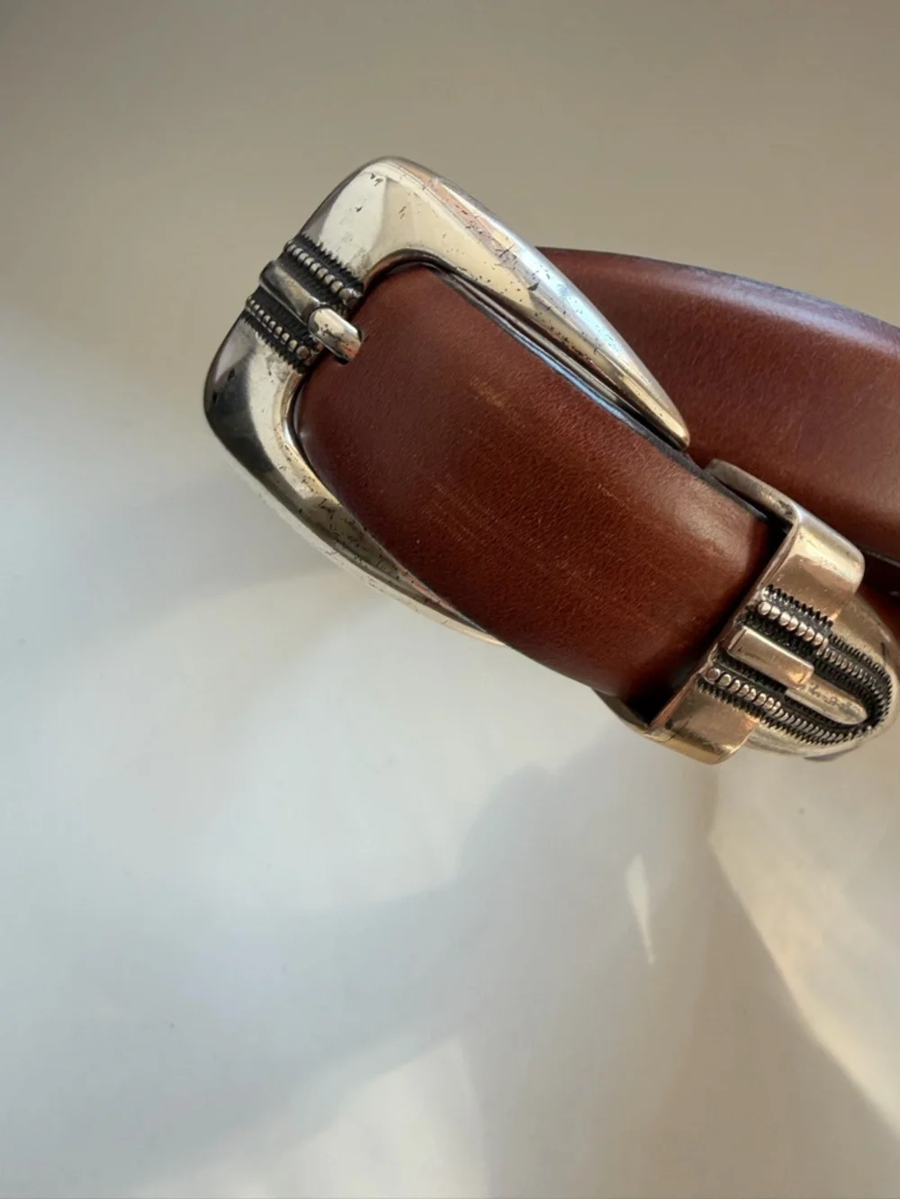Enmon Clemson Belt Italian Saddle Leather Brown Silver Size 34